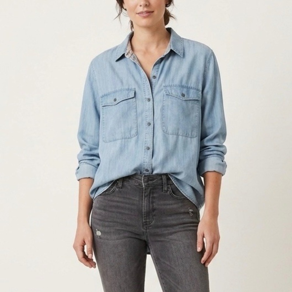 Pilcro Anthropologie Blue Lyocell Chambray Button Down Shirt Floral Trim Small